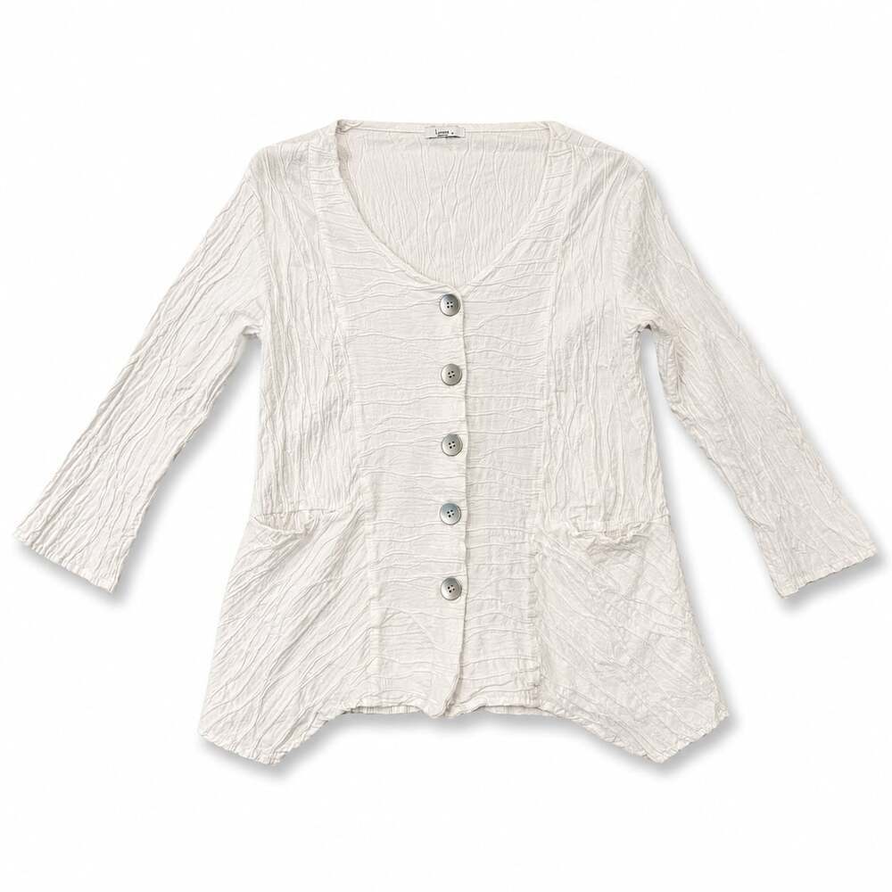 Linnea Womens M White Crinkle Button Front Top Boho Lagenlook Textured USA